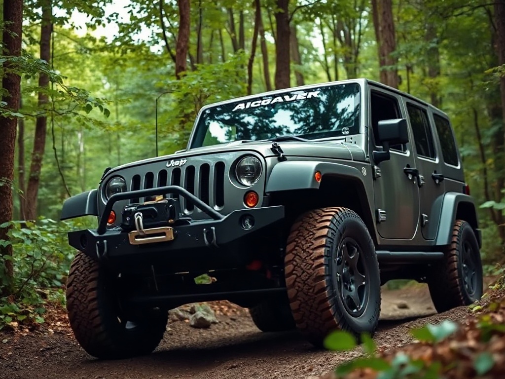 Heavily modified Jeep on forest trail