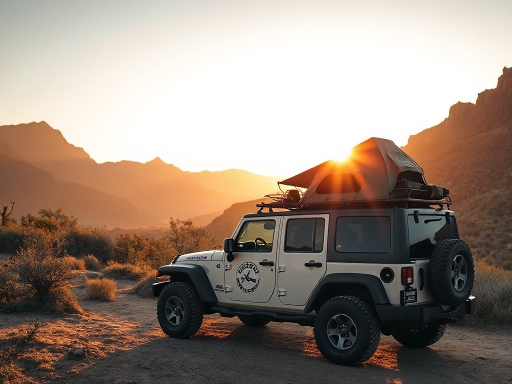 Jeep overlanding with rooftop tent in wilderness